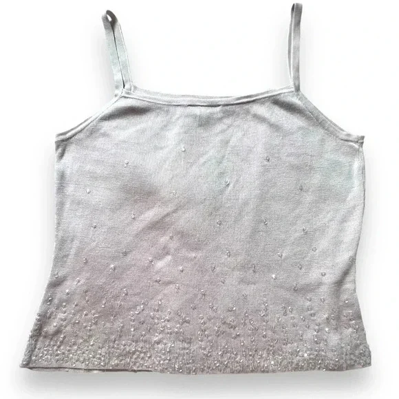 Ann Taylor 100% Silk Ivory Cream Camisole Tank with Clear Sequins Womens Large - Picture 2 of 9